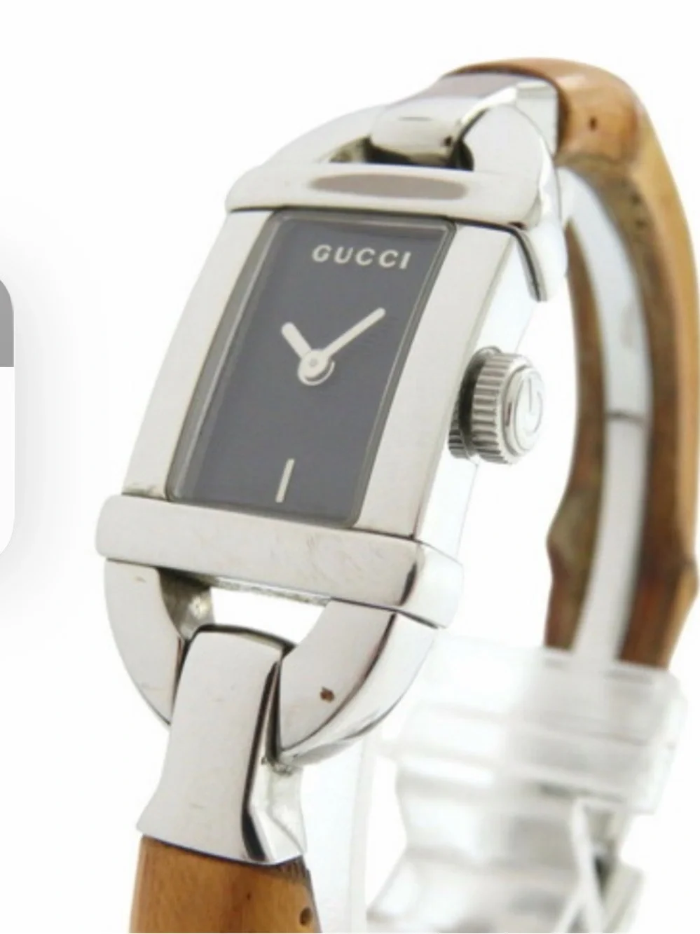 Gucci Bamboo-Style Tan Strap Silver Case Black Dial Watch